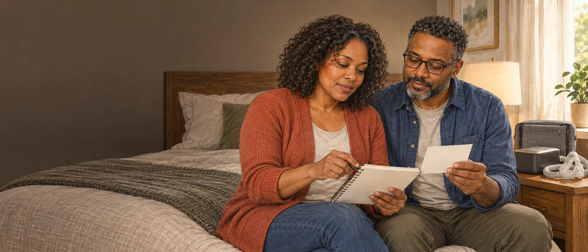 Keisha and Martin review a CPAP backup plan in their bedroom