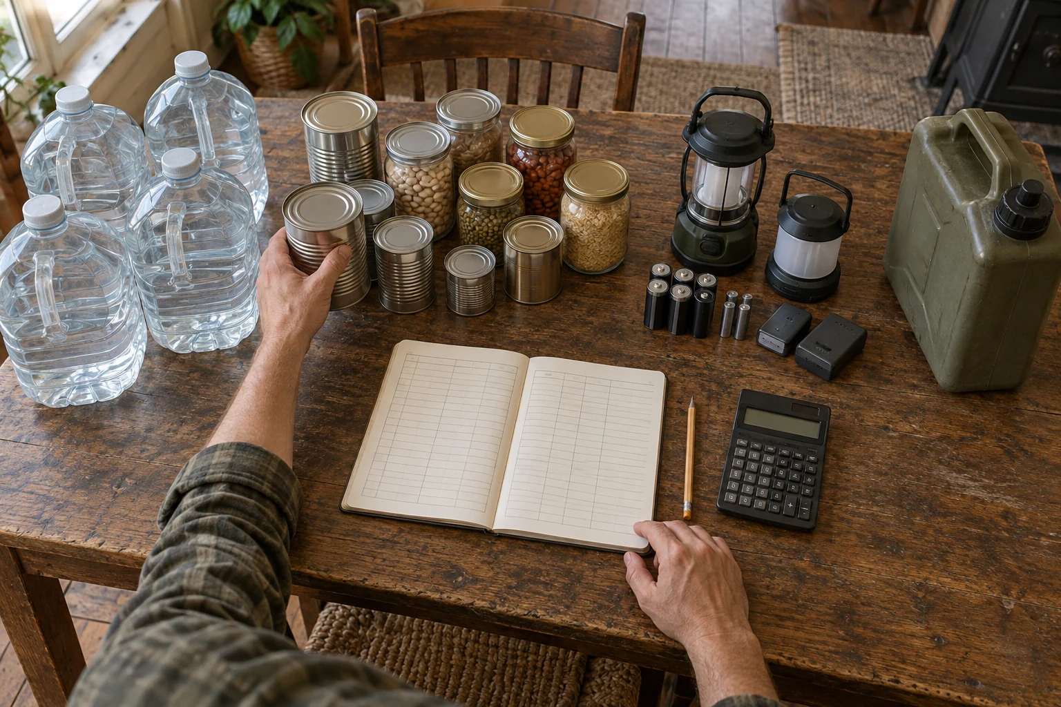 Household water, food, batteries, lanterns and fuel grouped around a blank inventory ledger
