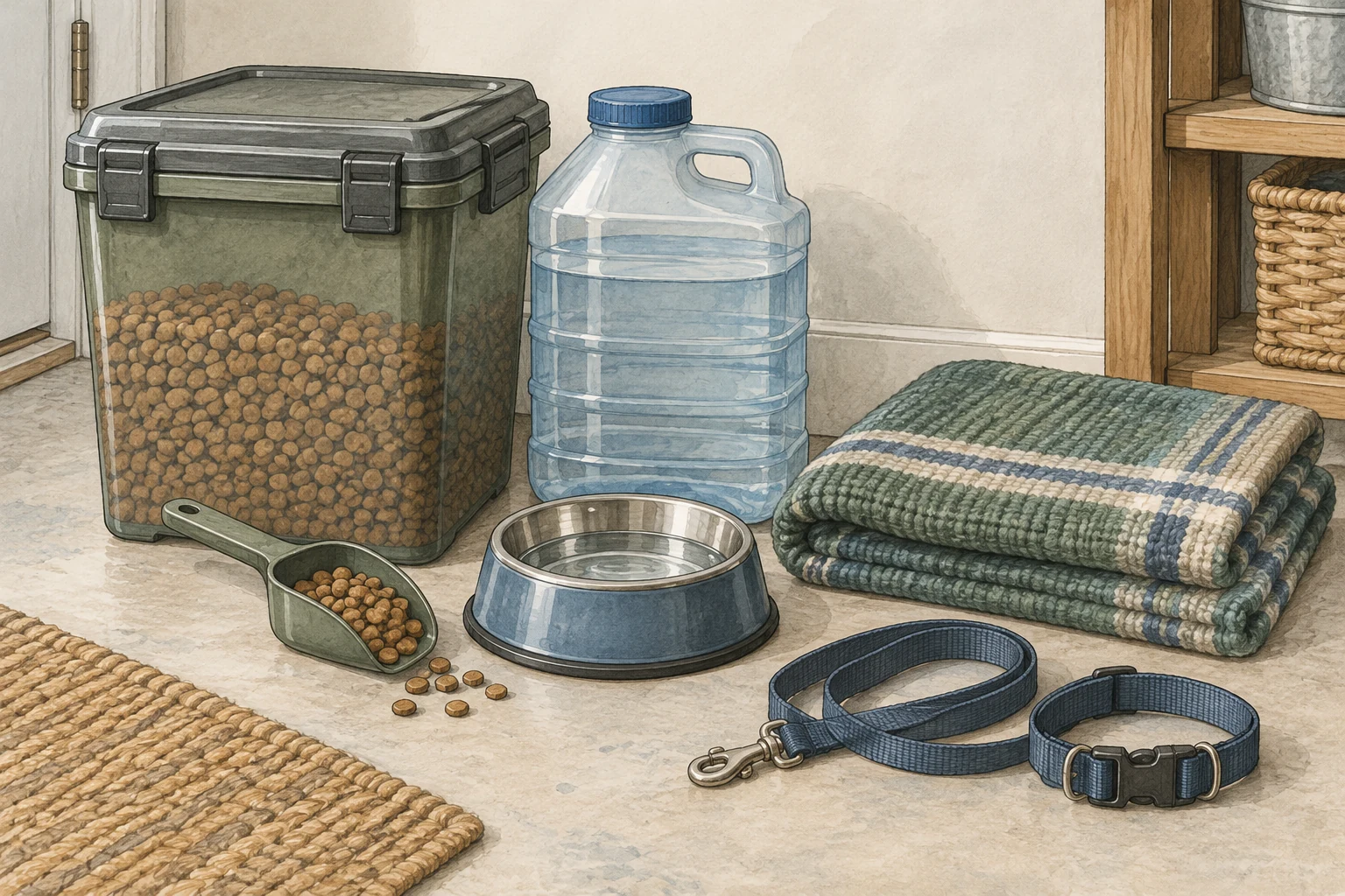 Sealed pet-food container, water supply, bowl, blanket, scoop and leash arranged for extended outage care