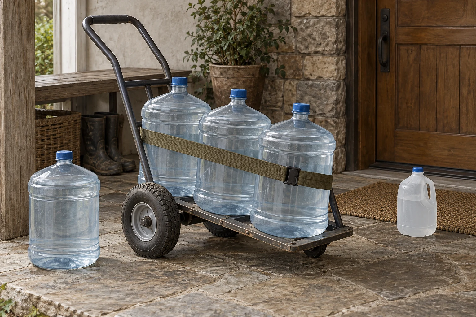 Three capped five-gallon water containers secured to a hand cart with another container ready beside it