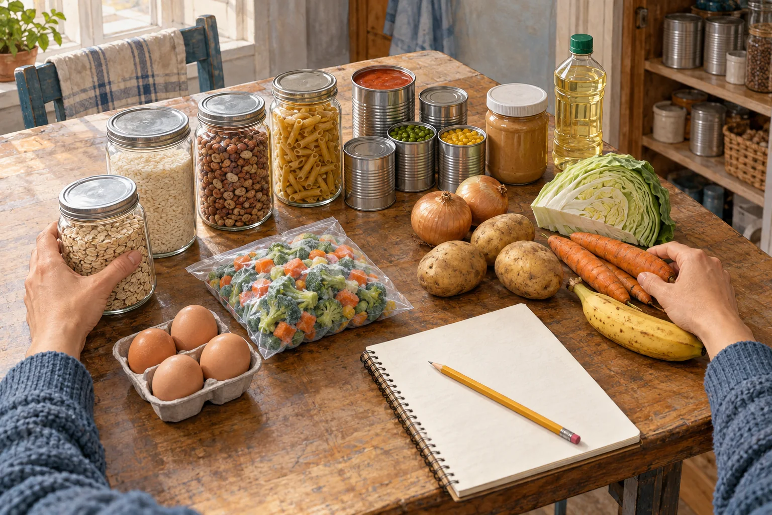 Staple foods are grouped on a kitchen table beside a blank notebook for meal planning