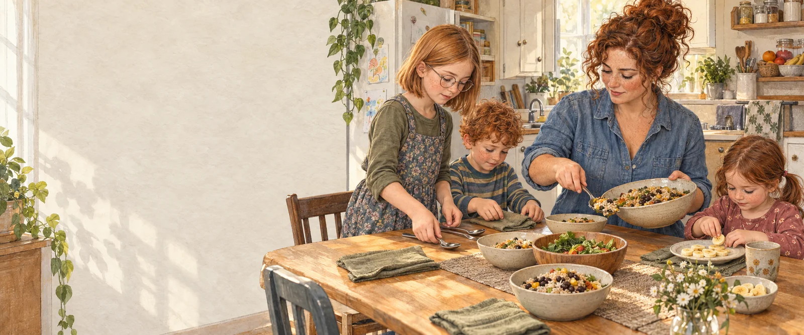 A single mother and her three children work together to serve a simple meal of rice, beans, and vegetables