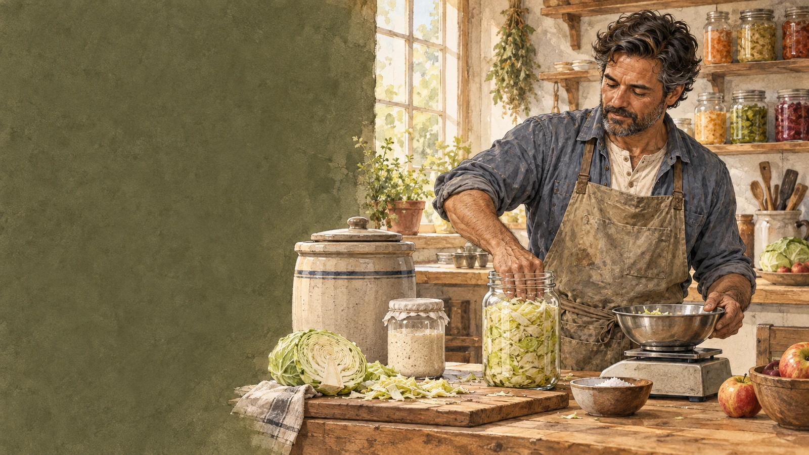 Eli Caldwell tends a cabbage ferment beside a stoneware crock and kitchen scale