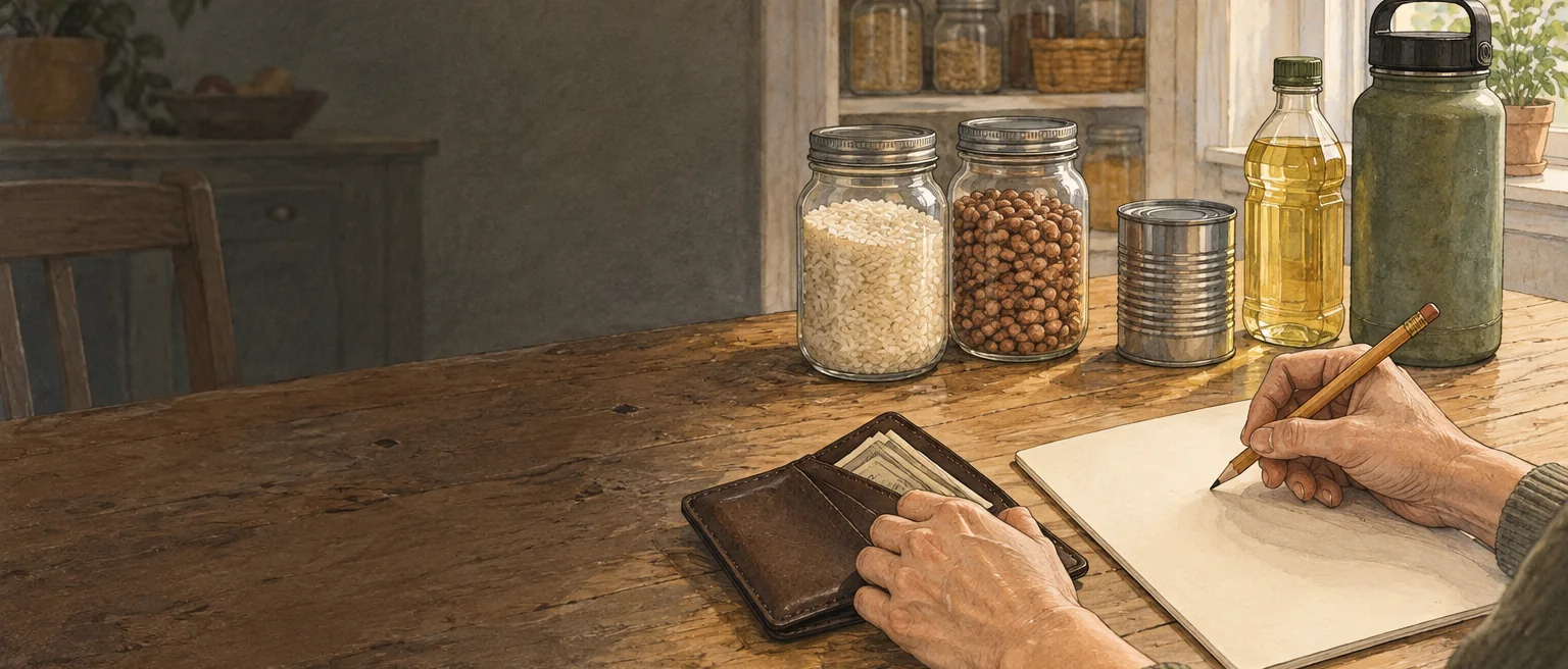 An adult inventories cash and pantry staples while making a household plan at a kitchen table.