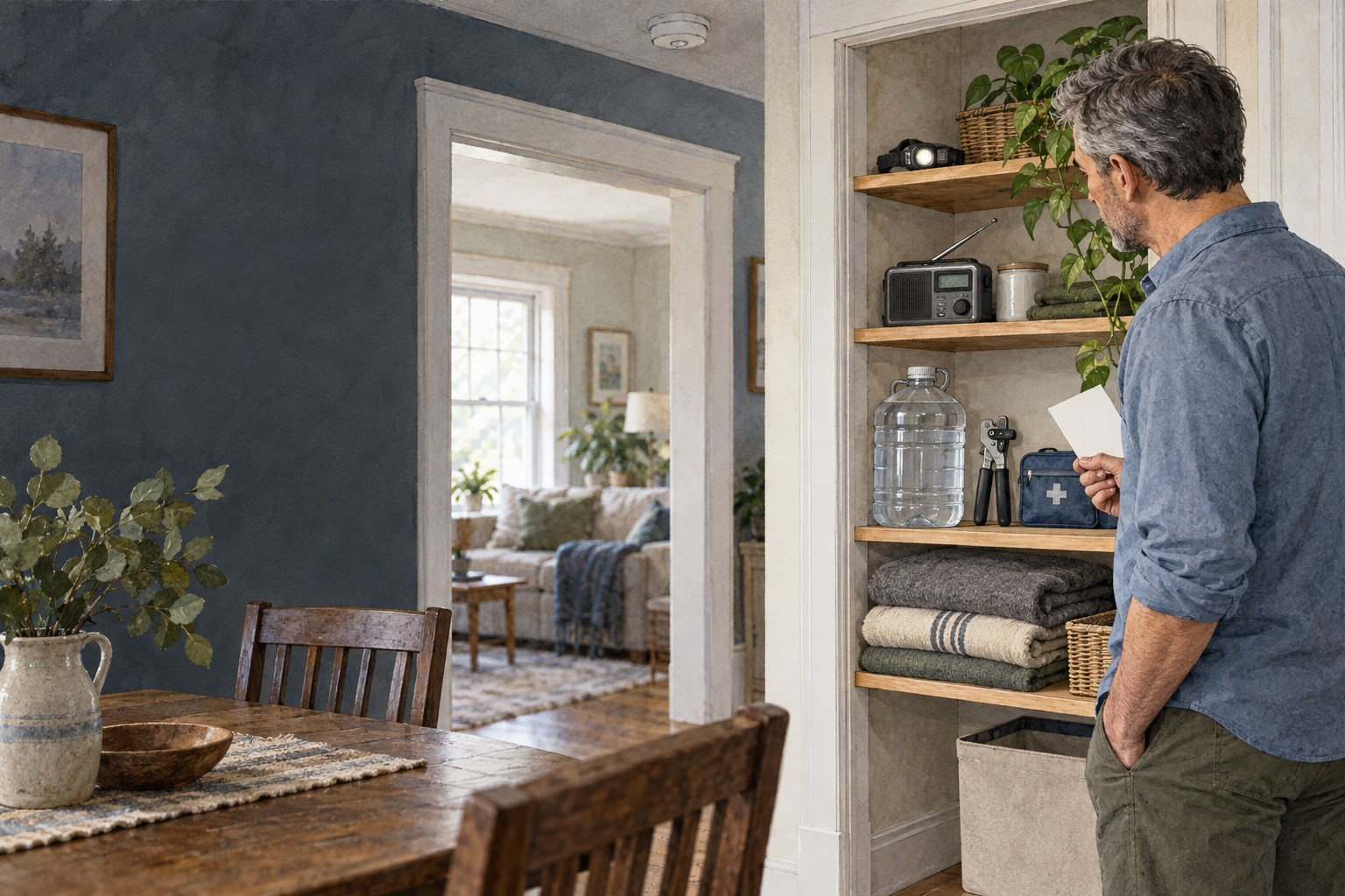 An adult inventories familiar household basics in a pantry alcove during a home walk-through.