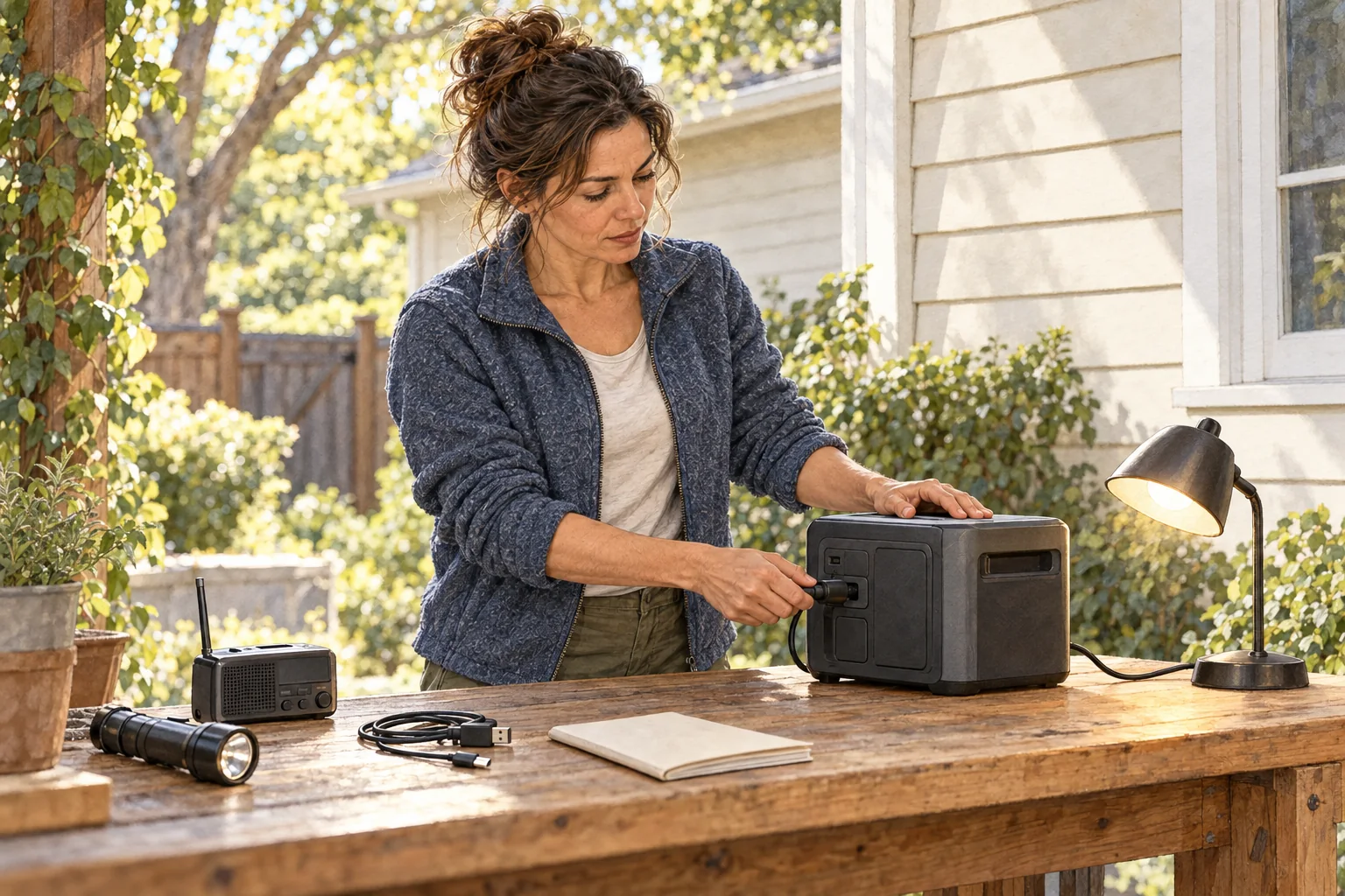 Claire tests a portable power station, task lamp, radio, and flashlight at an outdoor workbench