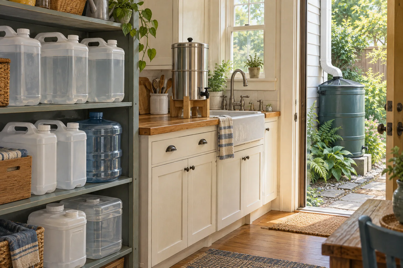 Stored water containers, a countertop gravity filter, and a screened rain barrel provide several household water options