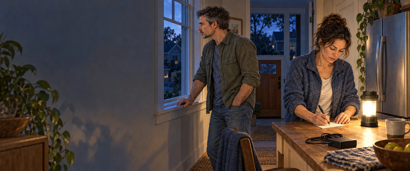 Owen checks neighboring homes while Claire notes the start of an evening power outage