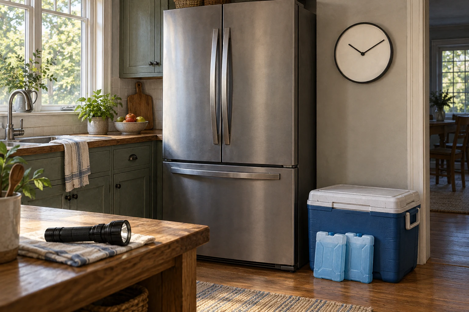 Closed refrigerator and freezer beside a clock, cooler, ice packs, and flashlight