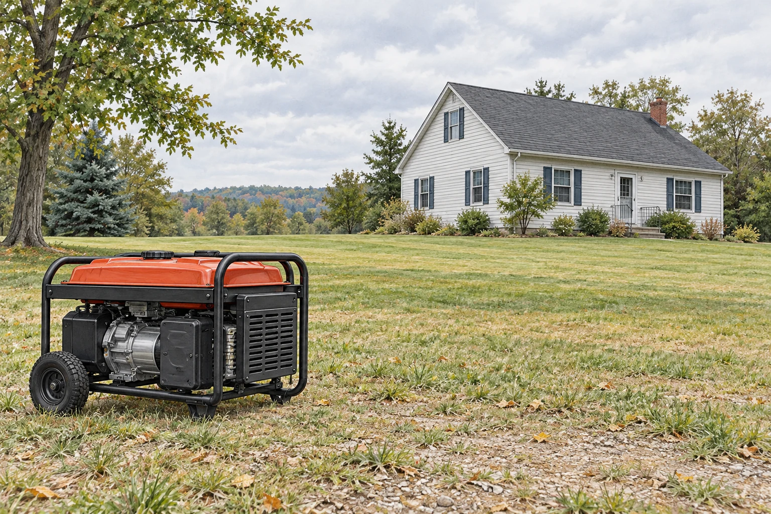 Portable generator outdoors on open ground well away from a house