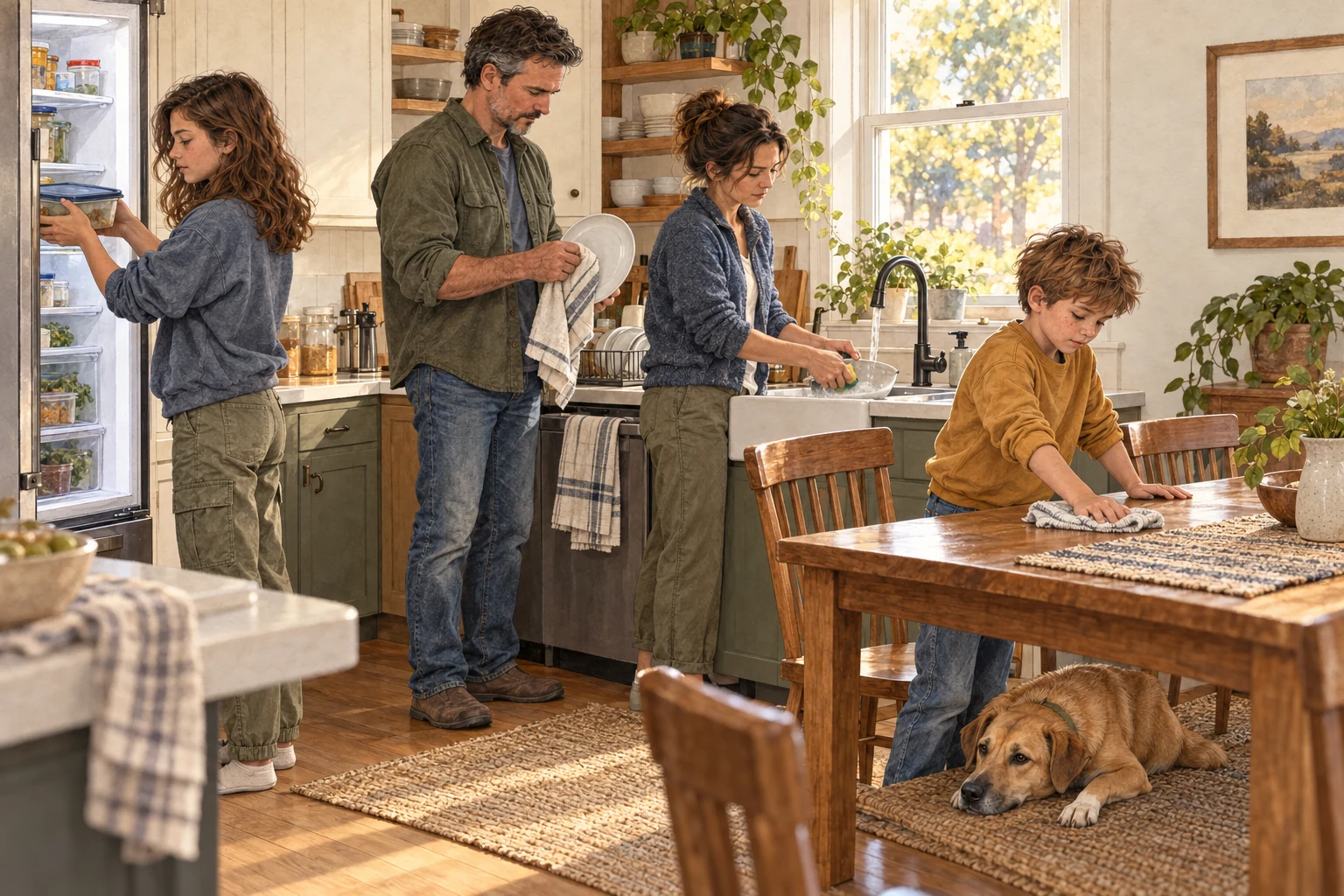 Owen, Claire, Leah, and Ben share the ordinary kitchen cleanup after a family meal