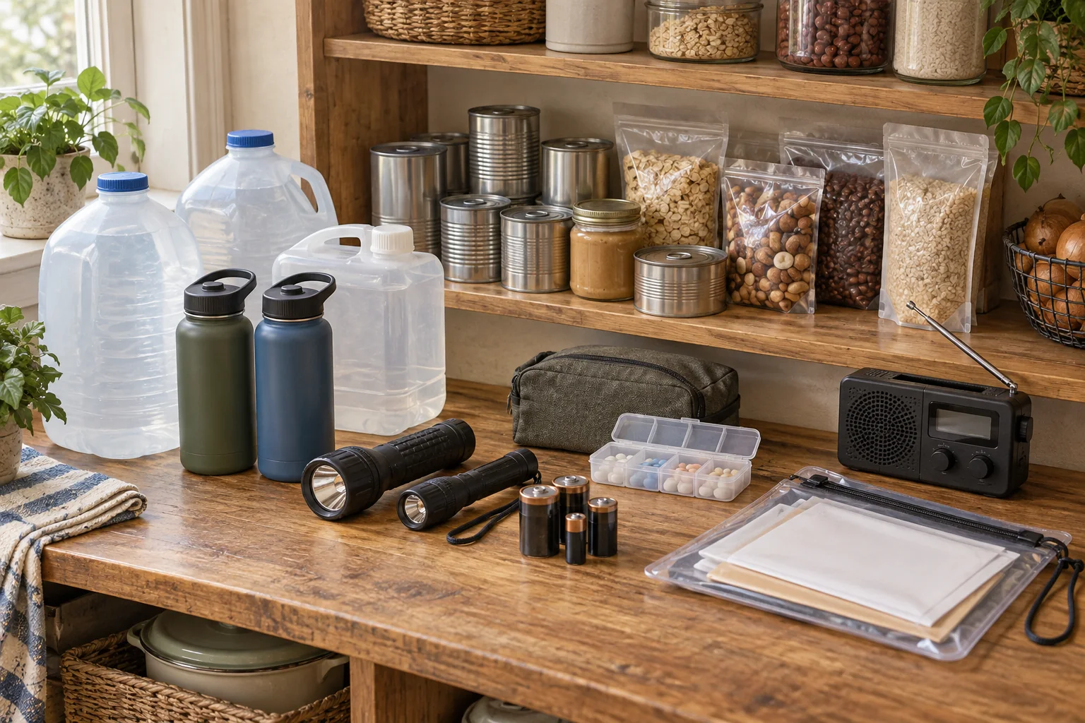 Water, shelf-stable food, flashlights, medicine, a weather radio, and documents arranged in a home pantry