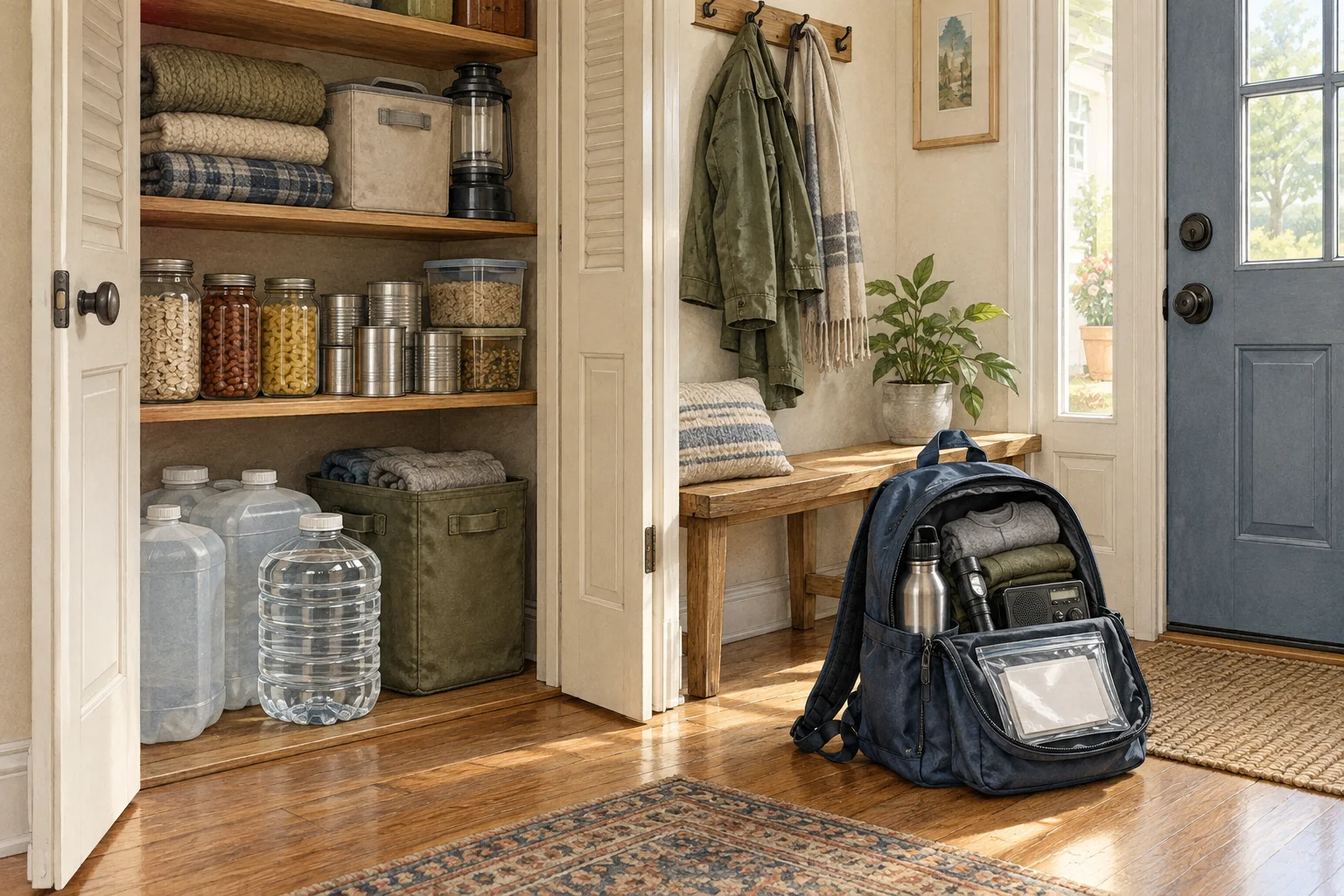 A larger stay-home reserve in an entry closet beside a compact ready bag by the front door