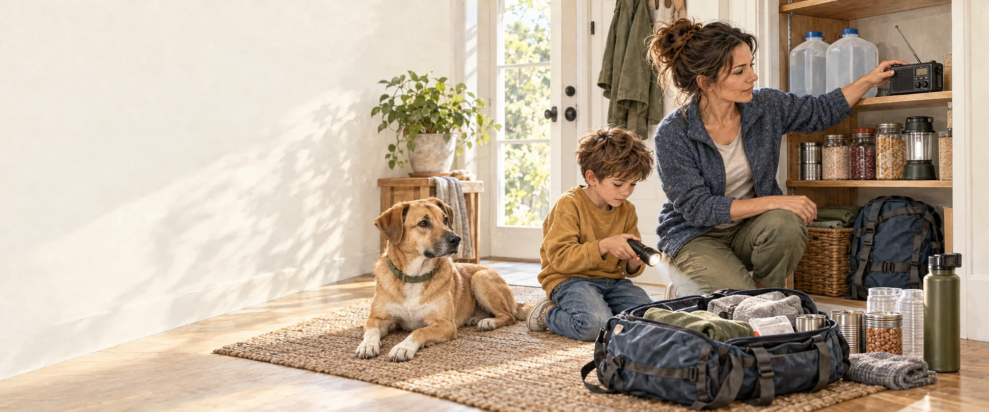 Claire and Ben calmly organize a three-day household kit beside their entry closet as Scout rests nearby