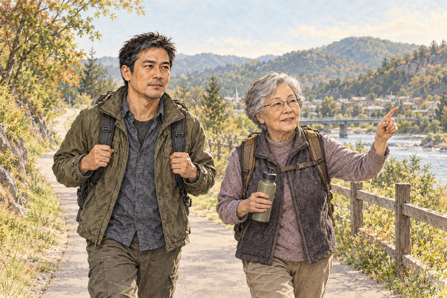 Lin Wei and Lin Lian walk a quiet greenway together with light daypacks, practicing useful endurance for preparedness.