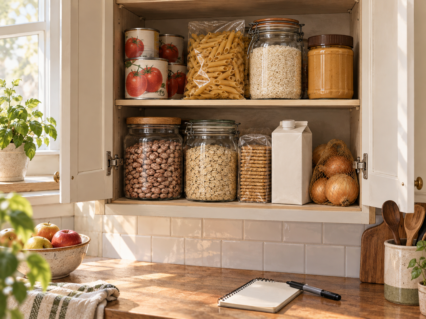 An ordinary kitchen cupboard containing pasta, rice, beans, oats, canned tomatoes, peanut butter, crackers, shelf-stable milk, and onions