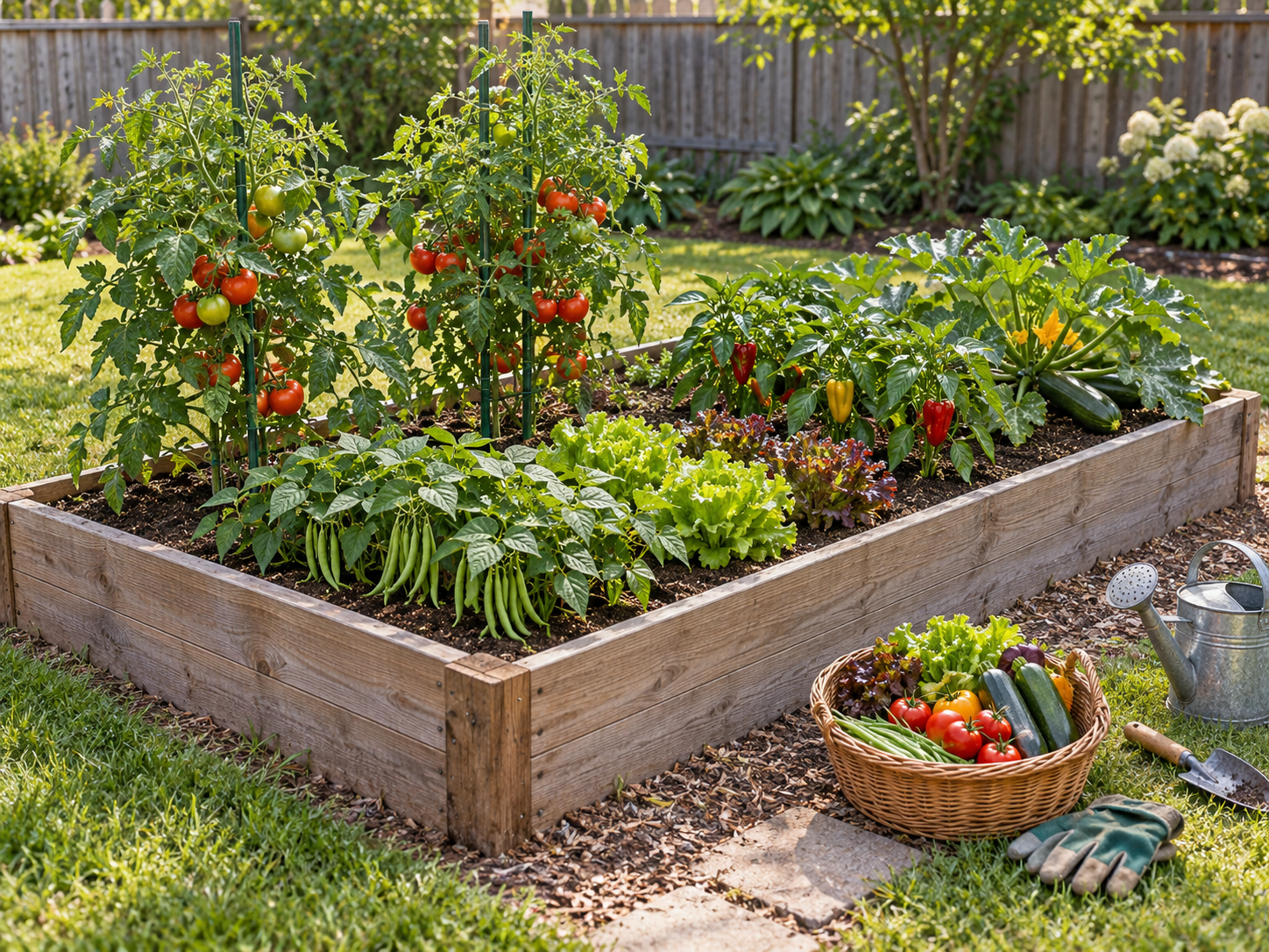 A realistically planted beginner raised bed with tomatoes, beans, lettuce, peppers, zucchini, hand tools, and a modest harvest basket
