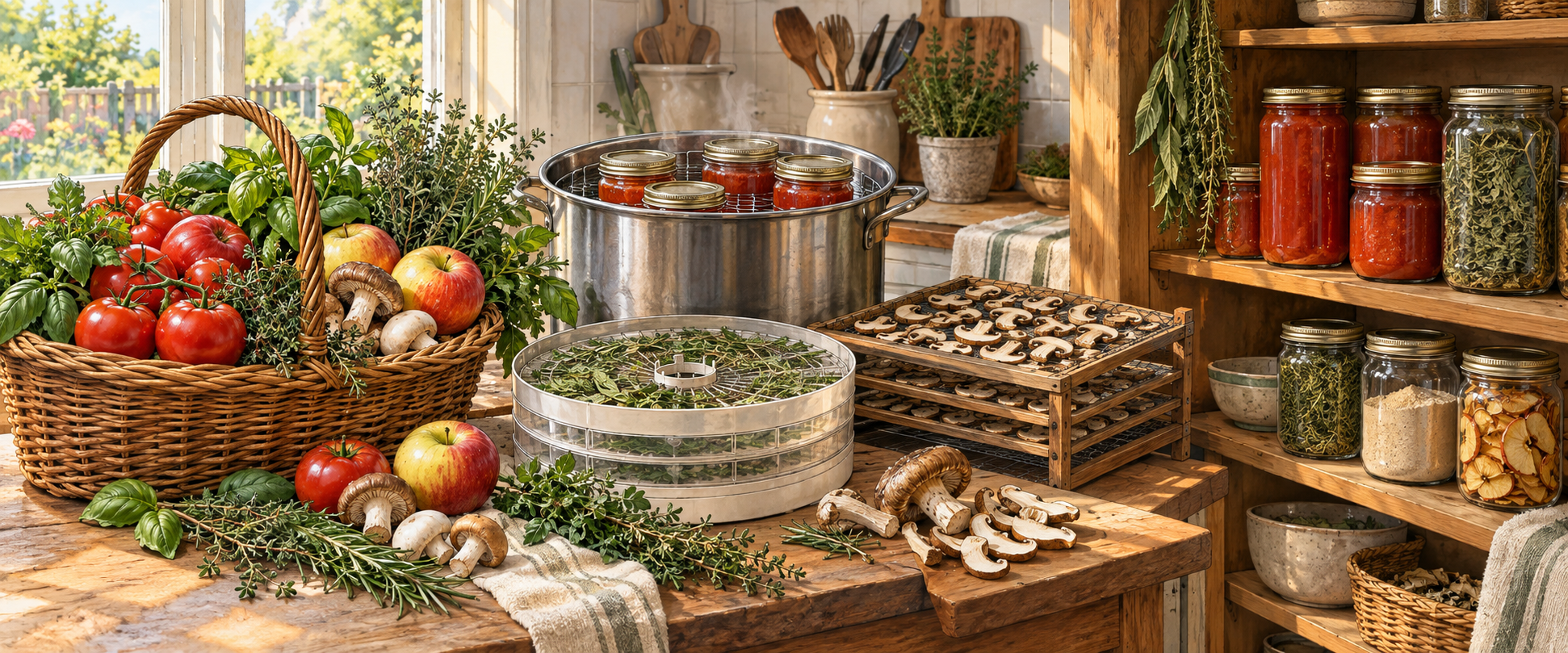 Fresh tomatoes, herbs, mushrooms, and apples progressing through home canning and dehydrating into an organized shelf of preserved food