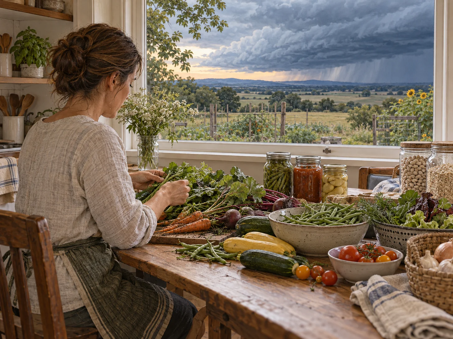 A home gardener sorting vegetables for meals and preservation while a calm storm approaches across distant fields