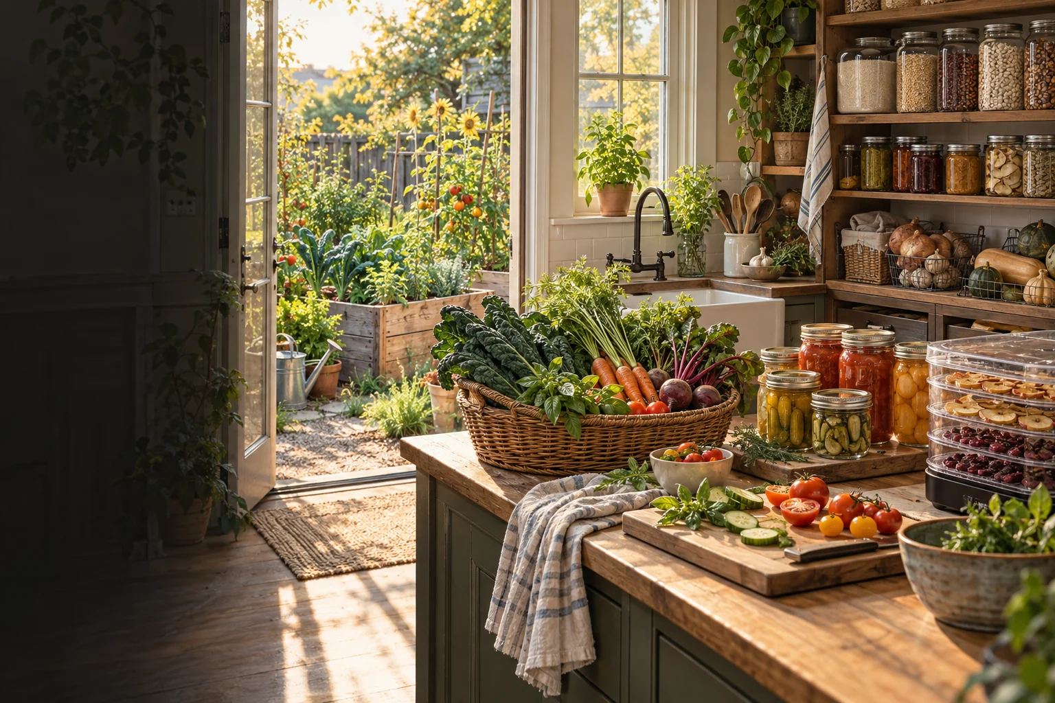 A home food-independence system connecting a raised vegetable garden, fresh harvest, kitchen preservation, and an organized pantry