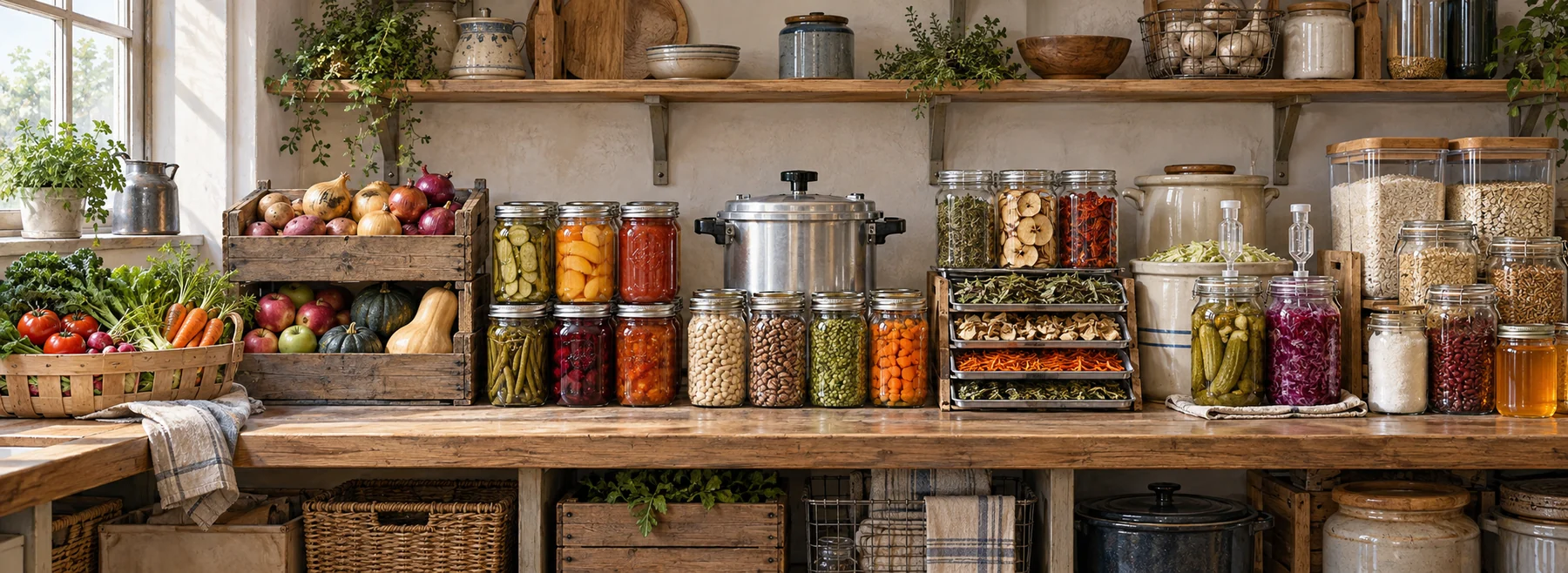 Seven household food-storage horizons progressing from fresh produce and cool storage through canning, dehydrating, fermenting, and bulk dry storage