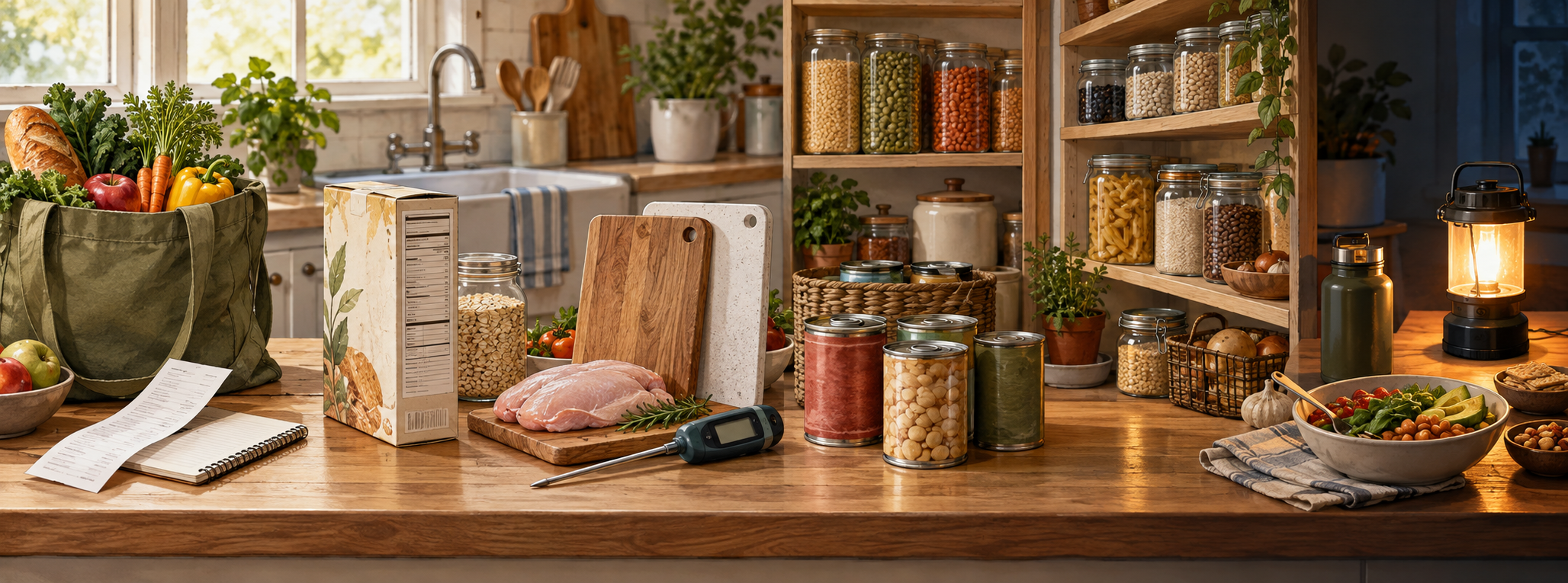 An everyday kitchen counter progressing from intentional shopping and label reading through food safety, pantry rotation, storage, and outage meals