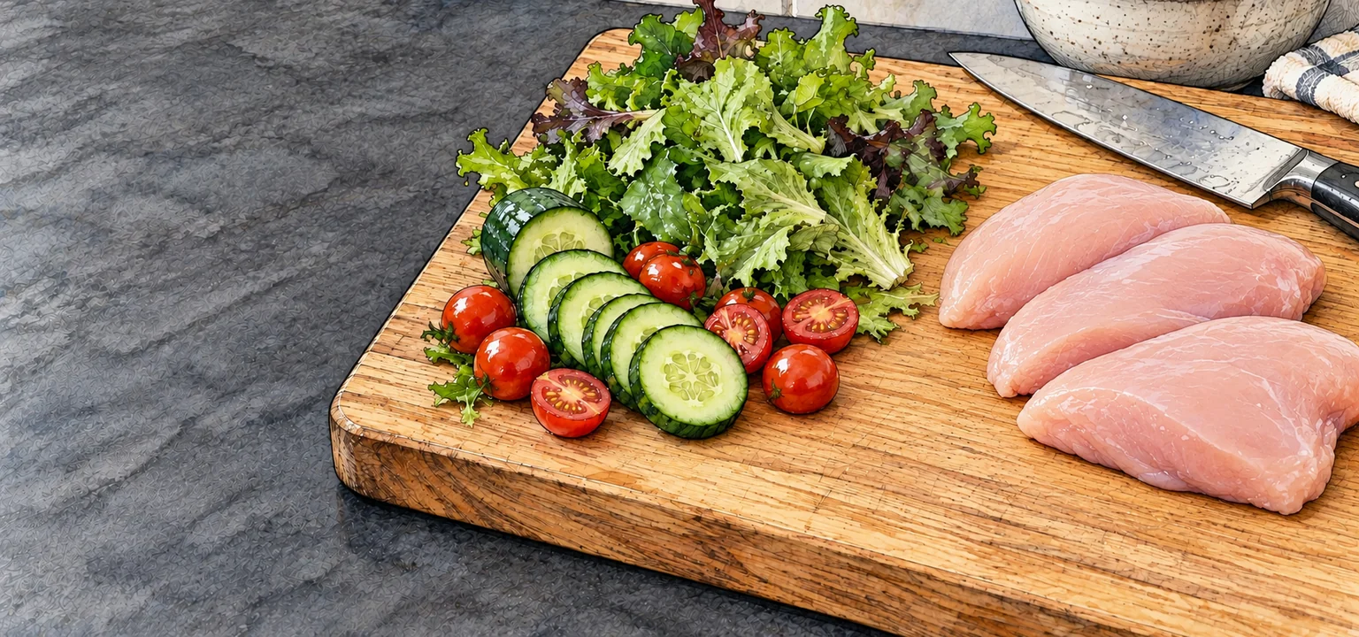 Raw chicken and ready-to-eat vegetables sharing a wooden cutting board