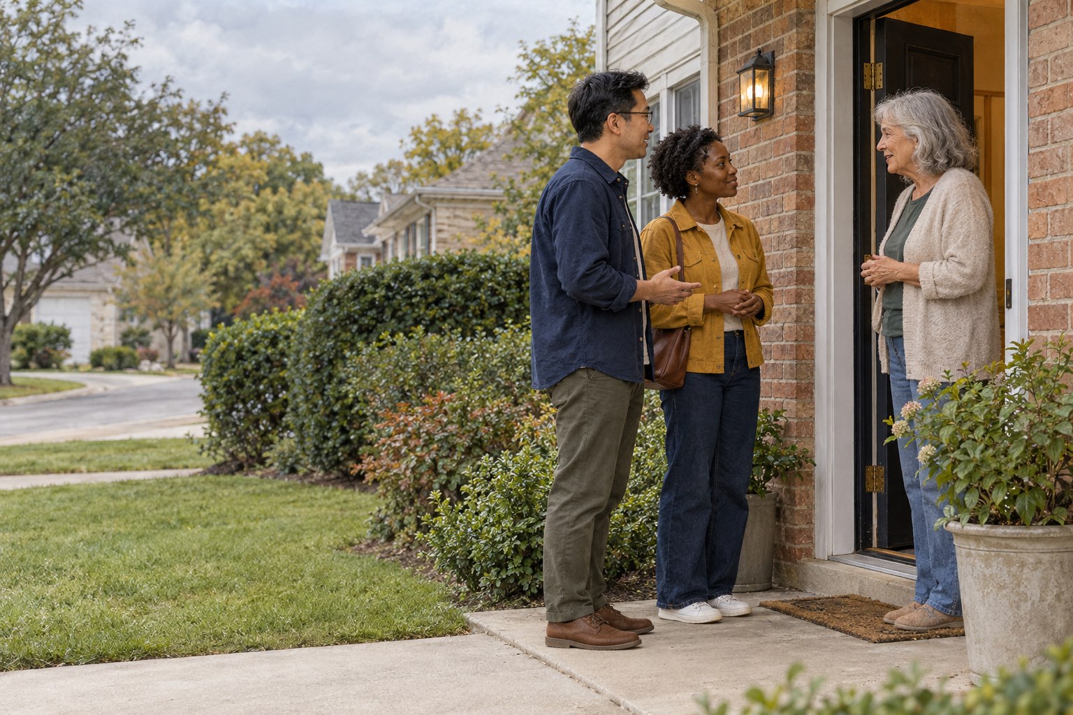 A couple introducing themselves to a neighbor at her front door.