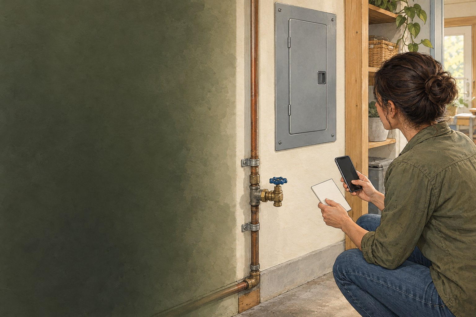 An adult notes the location of a home's closed electrical panel and water shutoff in a utility alcove.