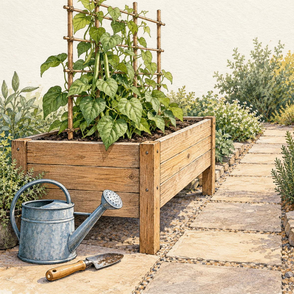 A reachable raised container with a simple trellis, watering can, trowel, and clear stable path.
