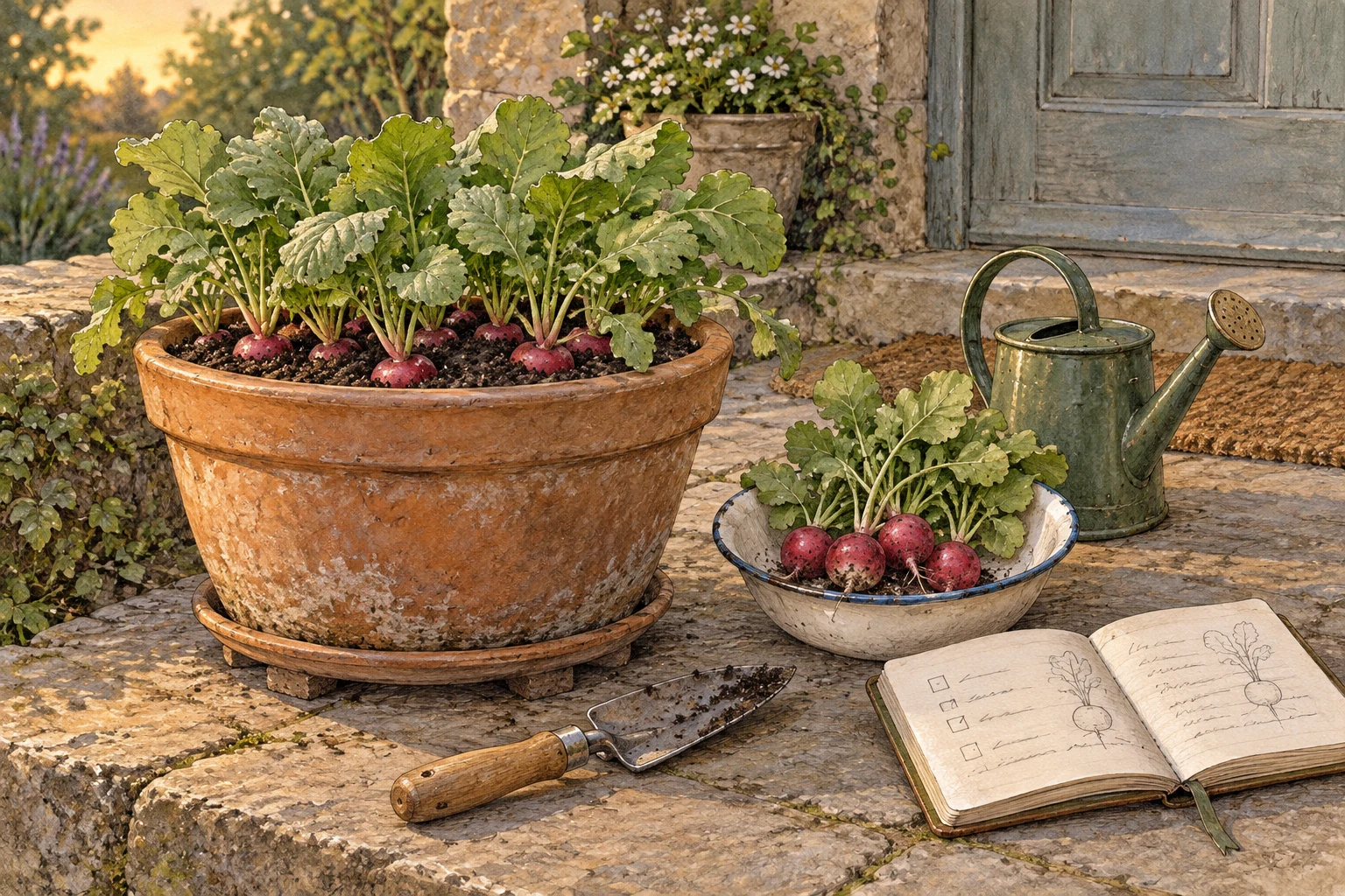 A single container of radishes sits beside a small harvest, watering can, hand trowel, and observation notebook.