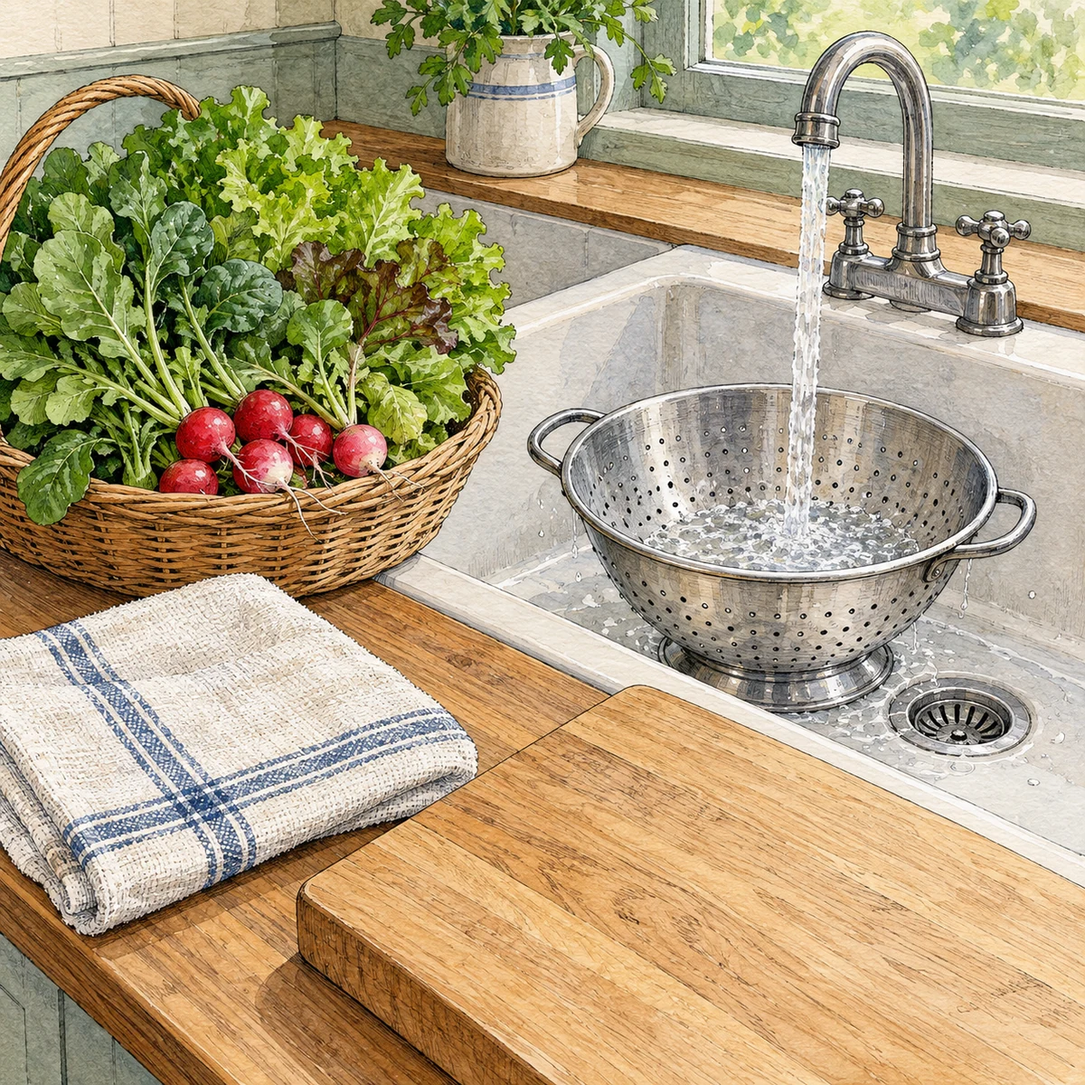 A basket of leafy greens and radishes beside a colander under running water, a clean towel, and a separate empty preparation board.
