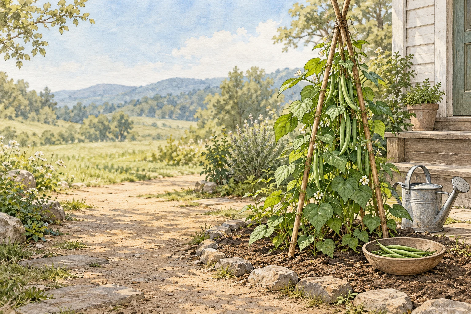 One pole-bean vine grows on a bamboo trellis beside a watering can and a small bowl of harvested beans.