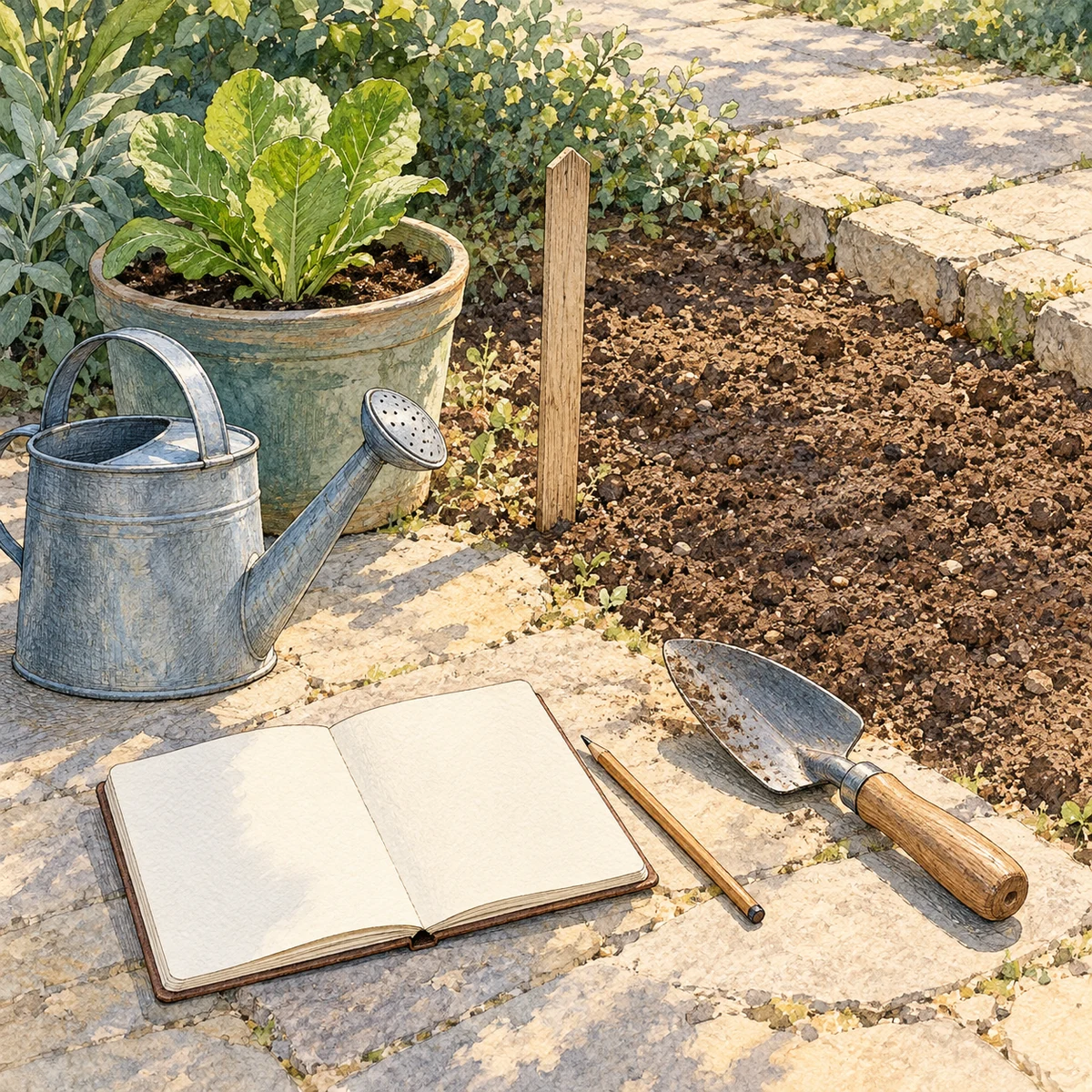 A blank notebook, pencil, watering can, trowel, container plant, and marked garden site arranged for a pre-planting observation pass.