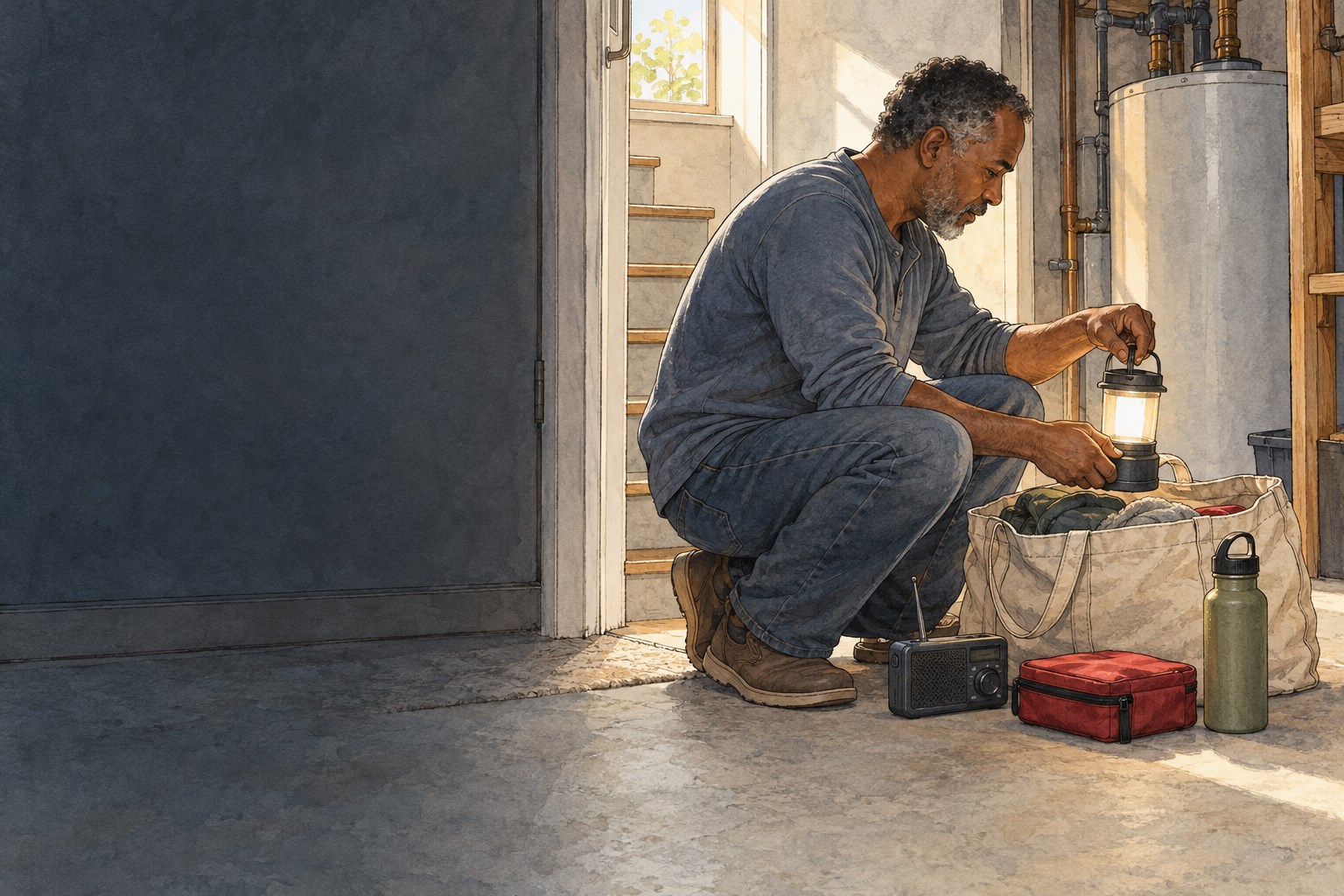 A man checks a compact lantern beside an everyday household gear tote in a basement utility entry.