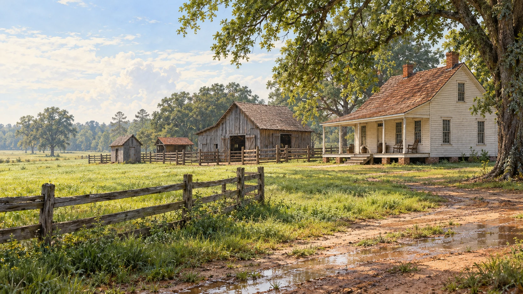Watercolor-and-ink illustration of the Gibbs Farm progressive farmstead at the Georgia Museum of Agriculture in Tifton, with its 1896 farmhouse, mule barn, fenced pens, and south Georgia Wiregrass landscape