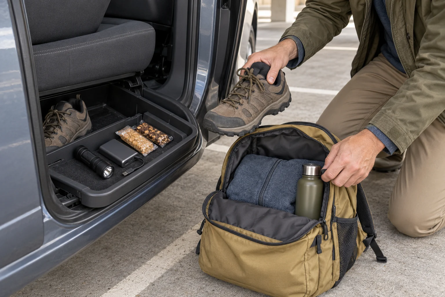 An adult moves walking shoes and a compact set of supplies from under-seat vehicle storage into a daypack.