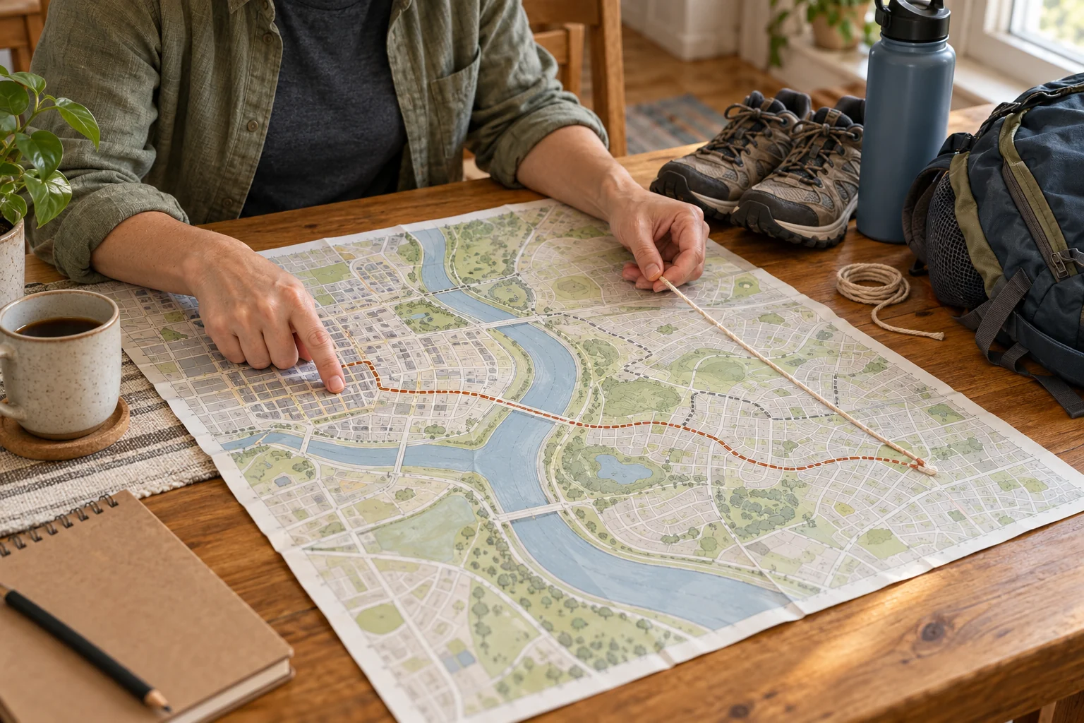 Hands use a paper street map and string to compare a walking route between town and home.