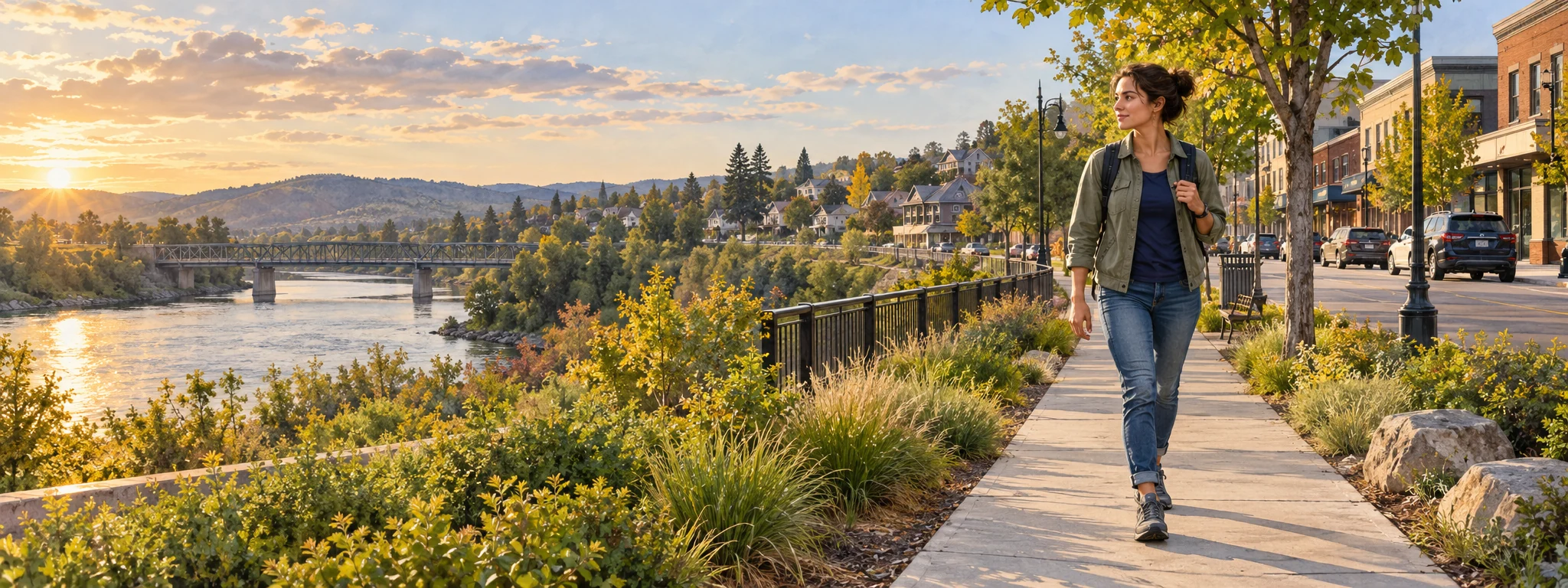 A commuter with a small daypack walks along a riverside path from town toward a residential neighborhood.