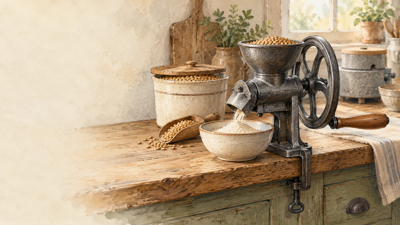 Unbranded hand-crank grain mill clamped to a wooden counter with fresh flour, wheat berries, and a lidded grain bucket