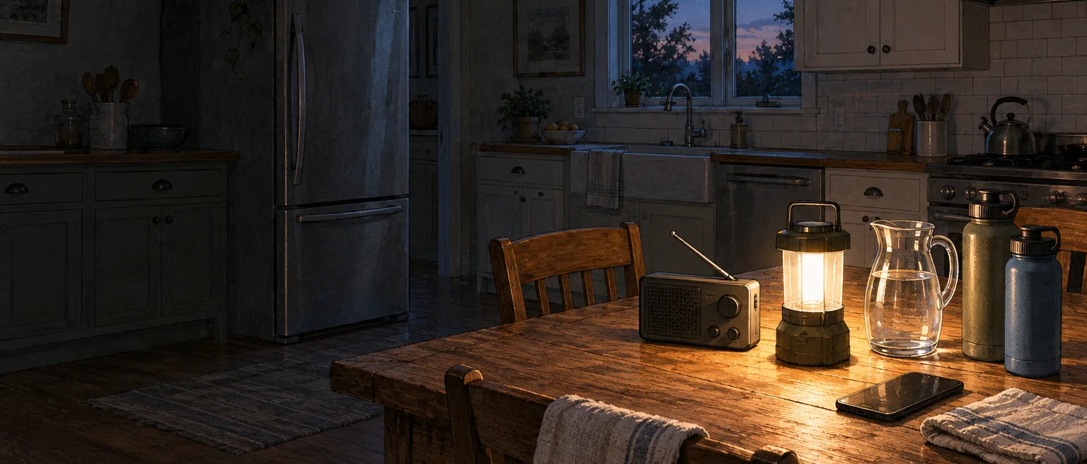 A battery lantern illuminates a radio and water in a dark kitchen during a power outage.