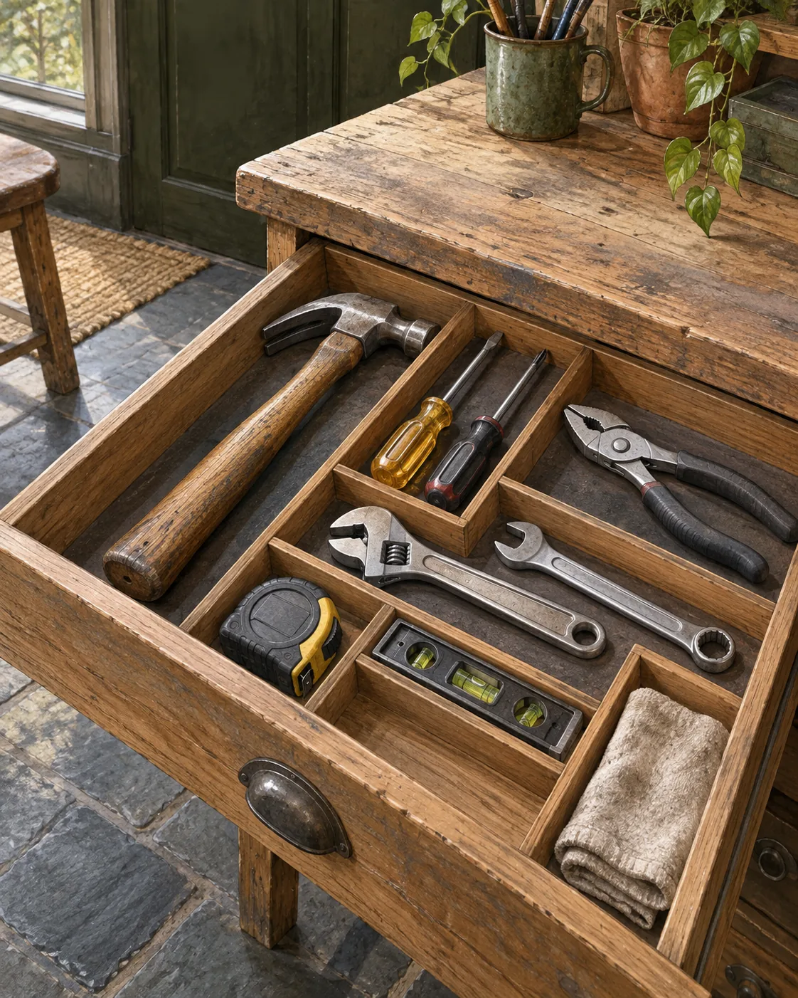 An organized wooden utility-workbench drawer holding a hammer, screwdrivers, pliers, wrenches, a tape measure, level, square, and maintenance cloth.