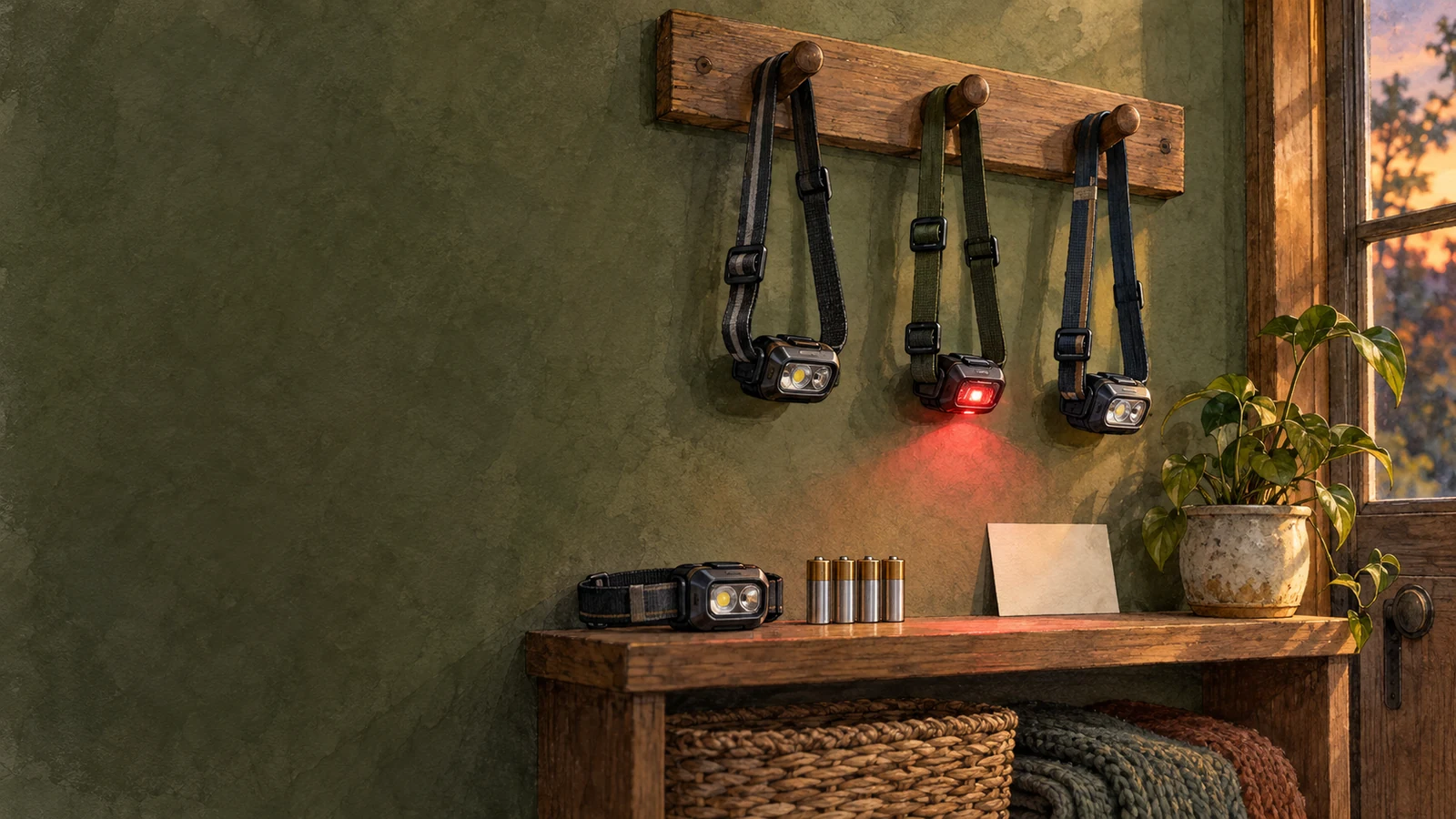 Three compact headlamps hang in an entryway storage station, with one soft red light and spare batteries on the shelf below.