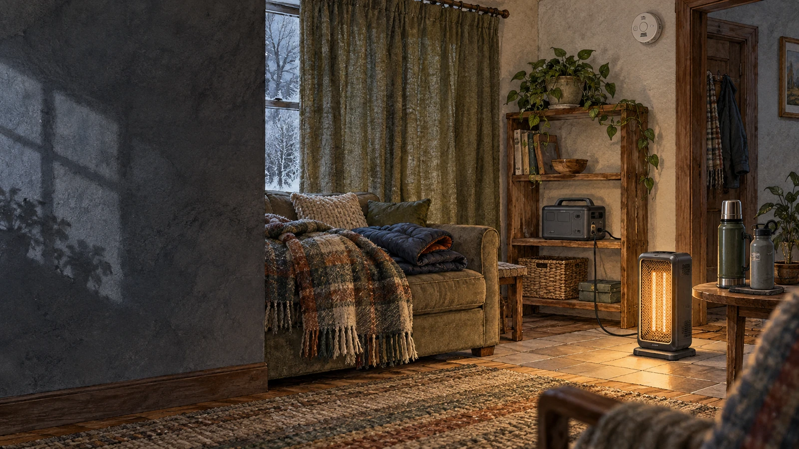 A safely arranged warm refuge with an electric heater on tile, blankets, a portable power station, and a wall-mounted carbon monoxide detector.