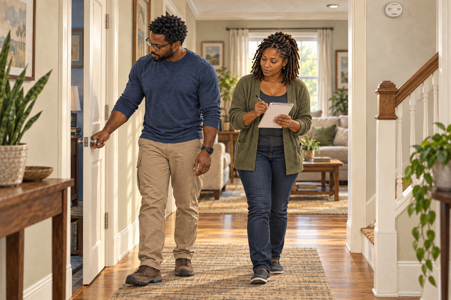 Two household members walk through a home while one records observations and the other checks a clear interior route.
