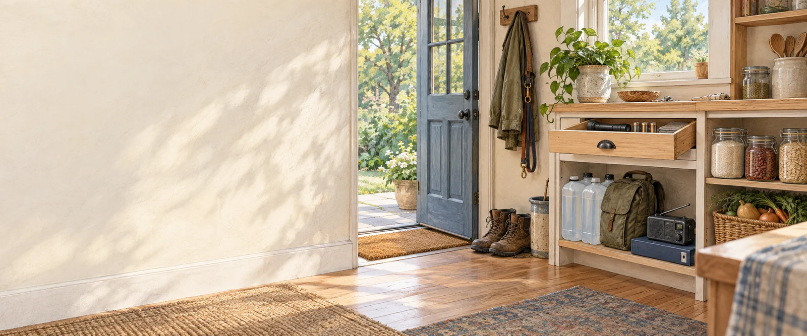 An ordinary home entry keeps water, a flashlight, a radio, pantry staples, and a ready bag in practical everyday storage