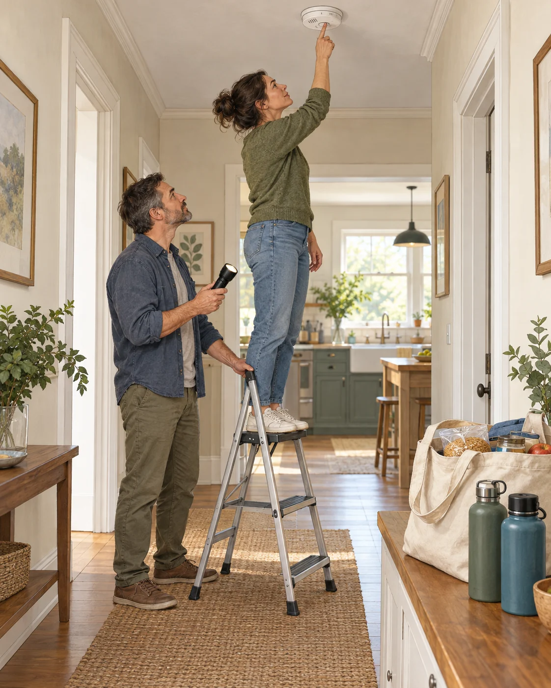 Two adults safely test a ceiling smoke alarm together beside a working flashlight and ordinary groceries.
