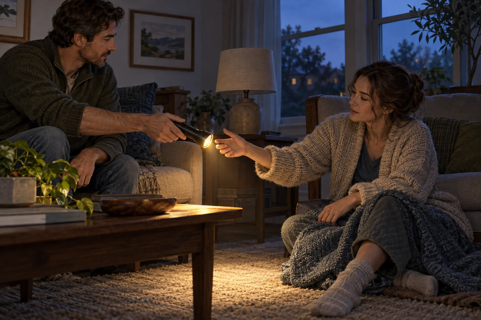 One partner calmly hands the other a working flashlight during a brief evening power outage.