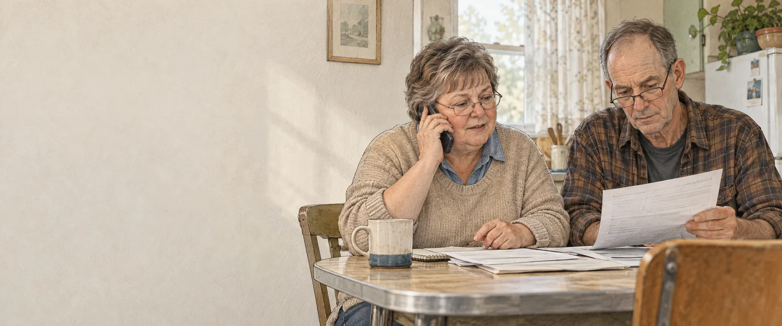 An older couple call early about a housing payment while reviewing their household budget