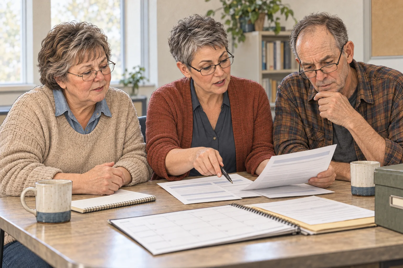 An older couple compare a budget and payment options with a housing counselor